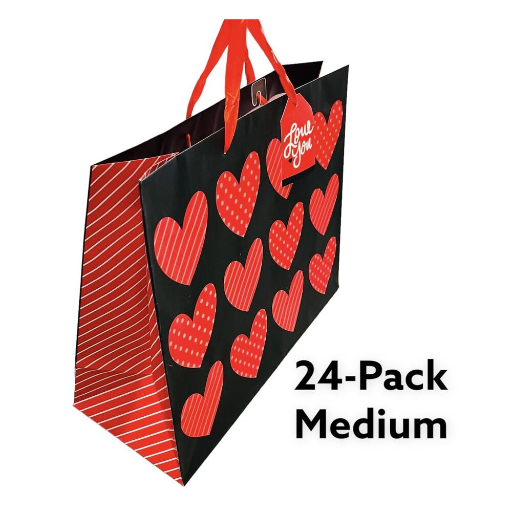 24 Medium Valentine Gift Bag Heart Print‎ Red Black Paper Bags 12x15x5"